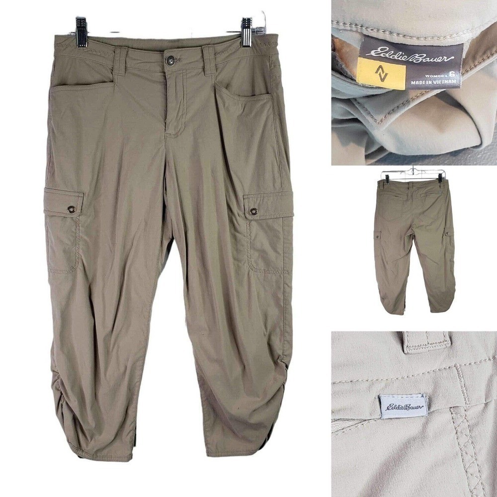 Eddie Bauer Capri Womens Cargo Ruched Leg Pant Khaki Size 6 Stretch